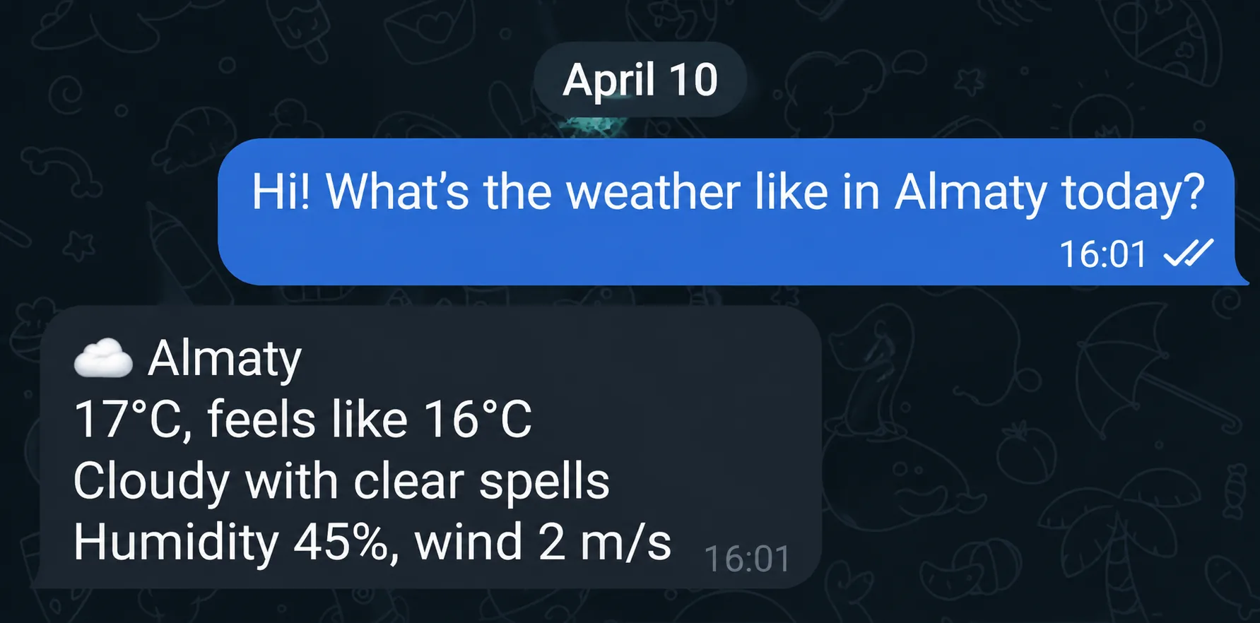 A chat with the weather forecast for Almaty on April 10 with temperature and humidity