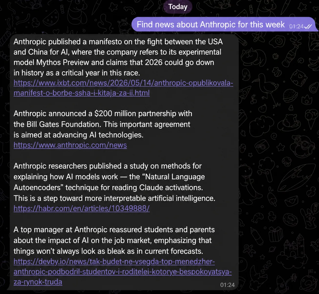 A chat in Telegram — the user asks to find news about Anthropic, the AI assistant replies with up-to-date results