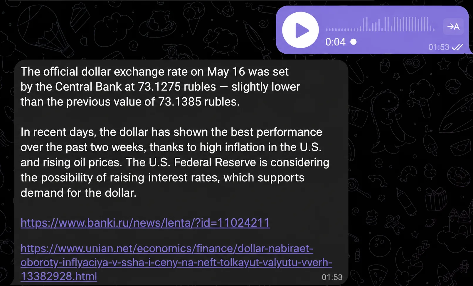 A chat in Telegram — the user sent a voice message asking about the dollar rate, the AI assistant replied in text with search results