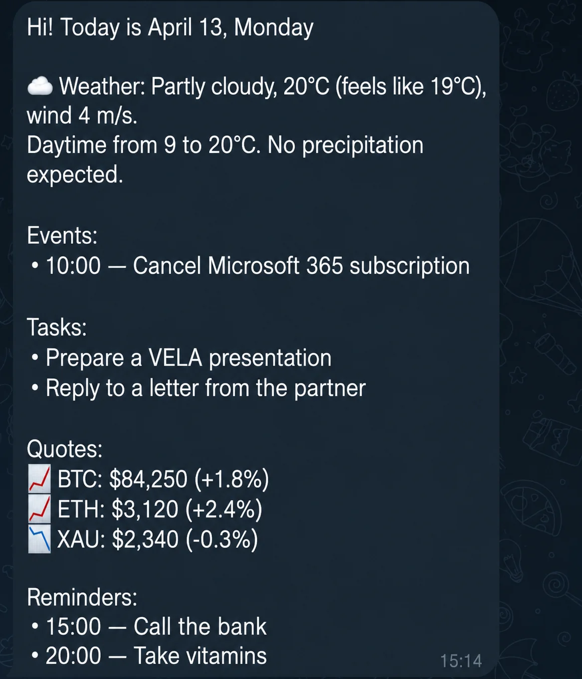 A daily planner with the weather, tasks and cryptocurrency quotes