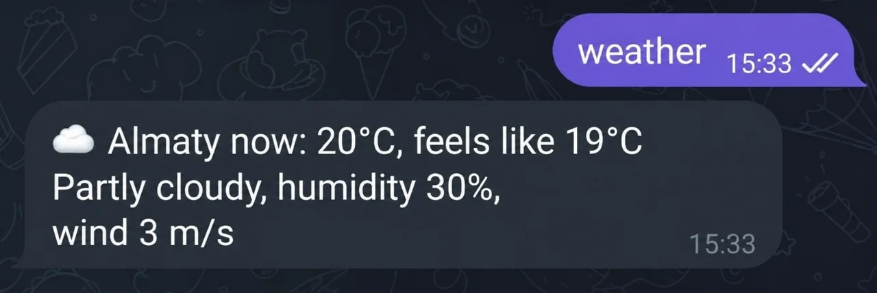 A message with the weather forecast in Almaty in the messenger