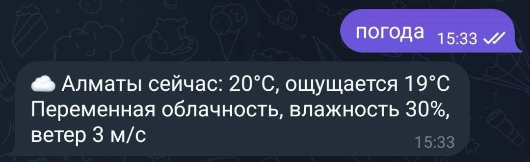 Сообщение с прогнозом погоды в Алматы на мессенджер